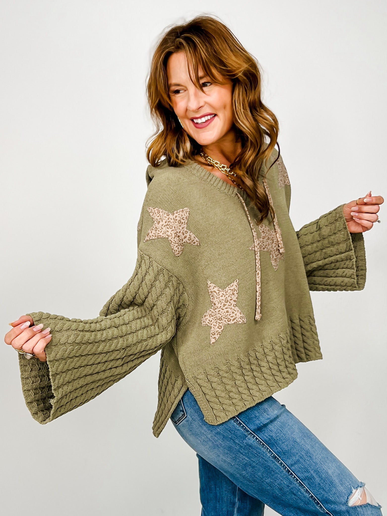 Cropped V-Neck Hoodie Sweater with Star Patches
