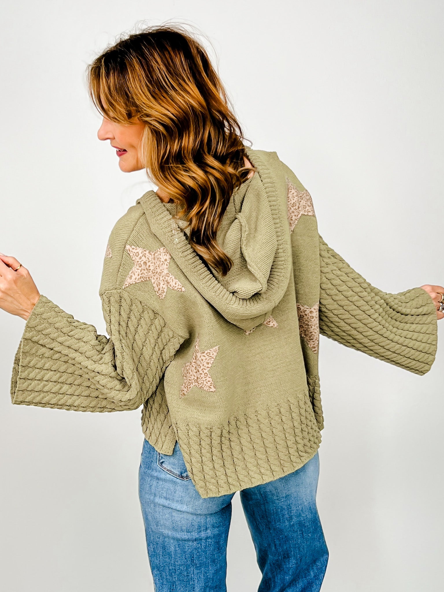 Cropped V-Neck Hoodie Sweater with Star Patches