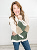 V-neck hooded color block pullover sweater