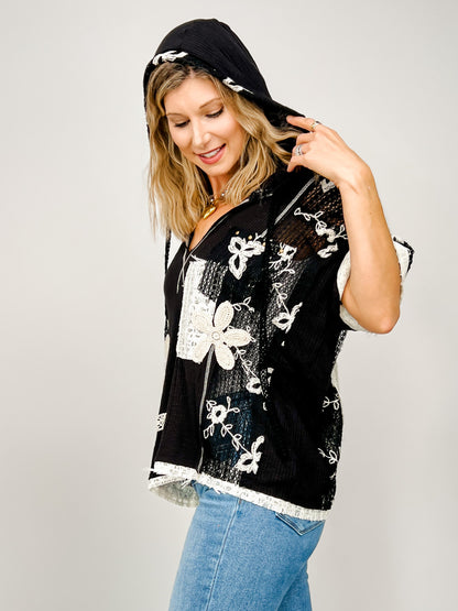 Short Sleeve Over Sized V-Neck Hoodie Top