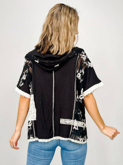 Short Sleeve Over Sized V-Neck Hoodie Top