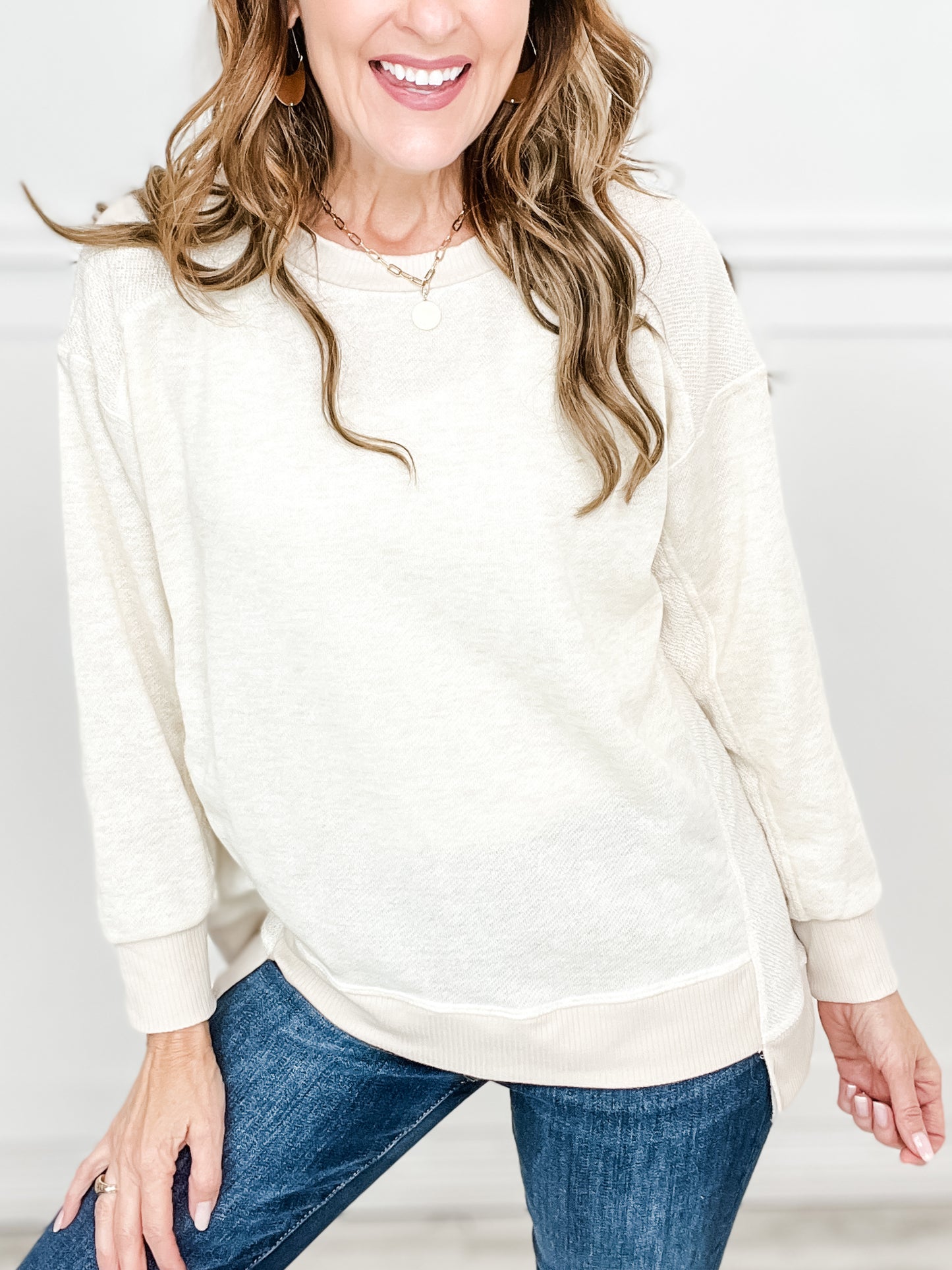 Long Sleeve Mixed Media Top with Hi-Lo Hem