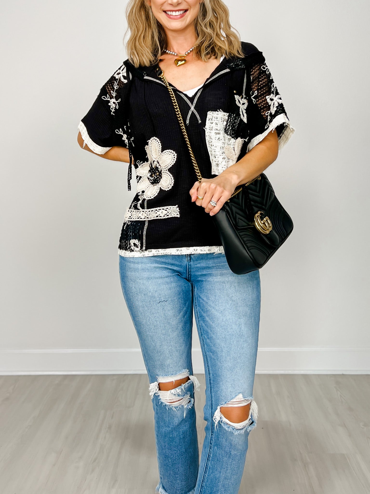 Short Sleeve Over Sized V-Neck Hoodie Top