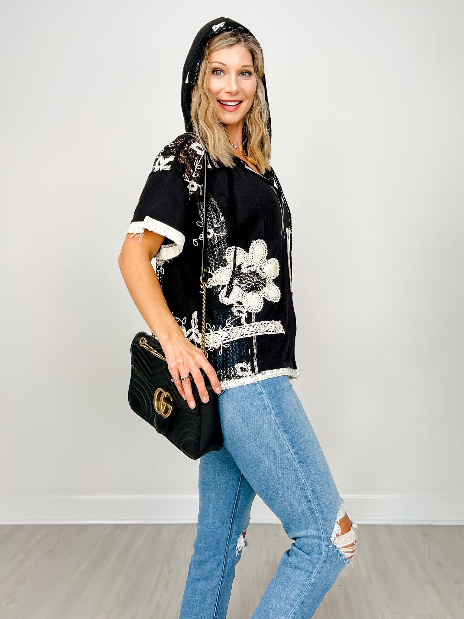 Short Sleeve Over Sized V-Neck Hoodie Top