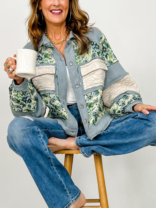 Vintage Wash Jacquard Color Block Button Down Collared Jacket