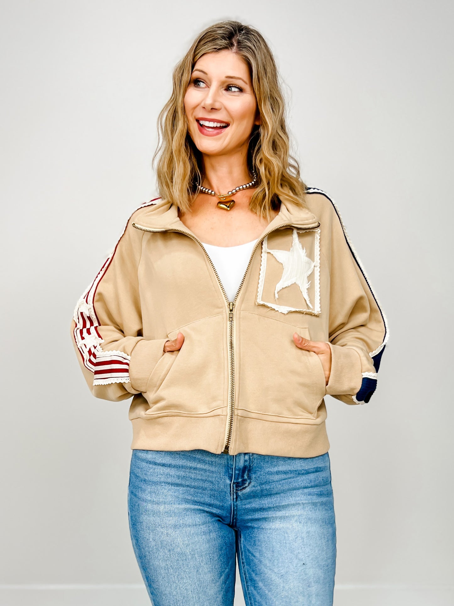 French Terry Zip-Up Jacket with Star Patch Details