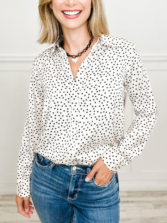 Polka Dot Collared Long Sleeve Button Down Top