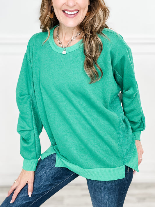 Long Sleeve Round Neck Solid Top with Contrast Hem