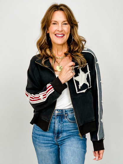 French Terry Zip-Up Jacket with Star Patch Details