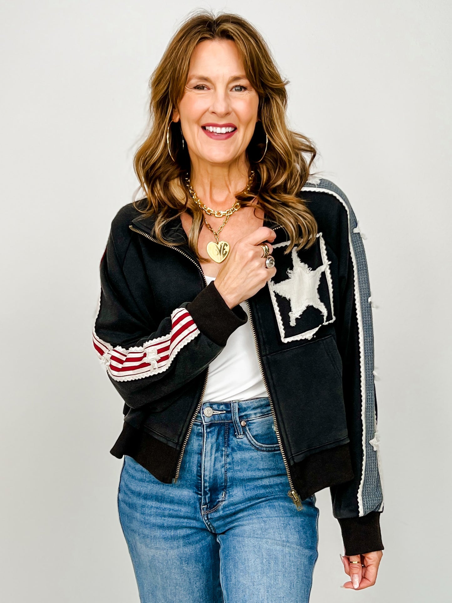 French Terry Zip-Up Jacket with Star Patch Details