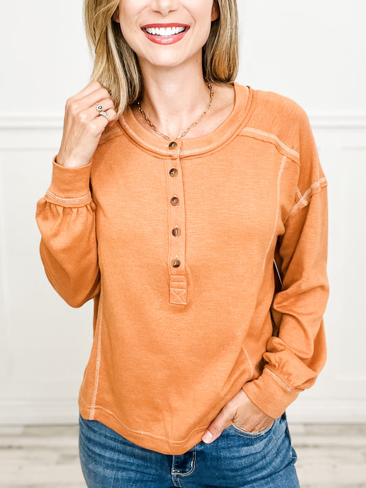 Contrast Stitch Long Sleeve Henley Knit Top