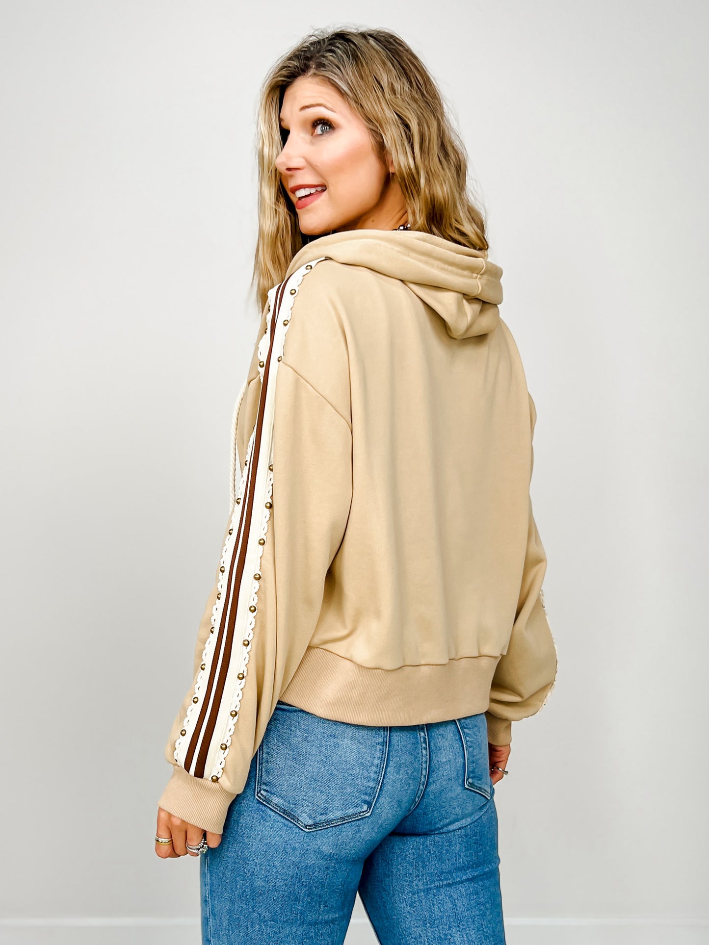 Stud Embellished Long Sleeve French Terry Hooded Jacket