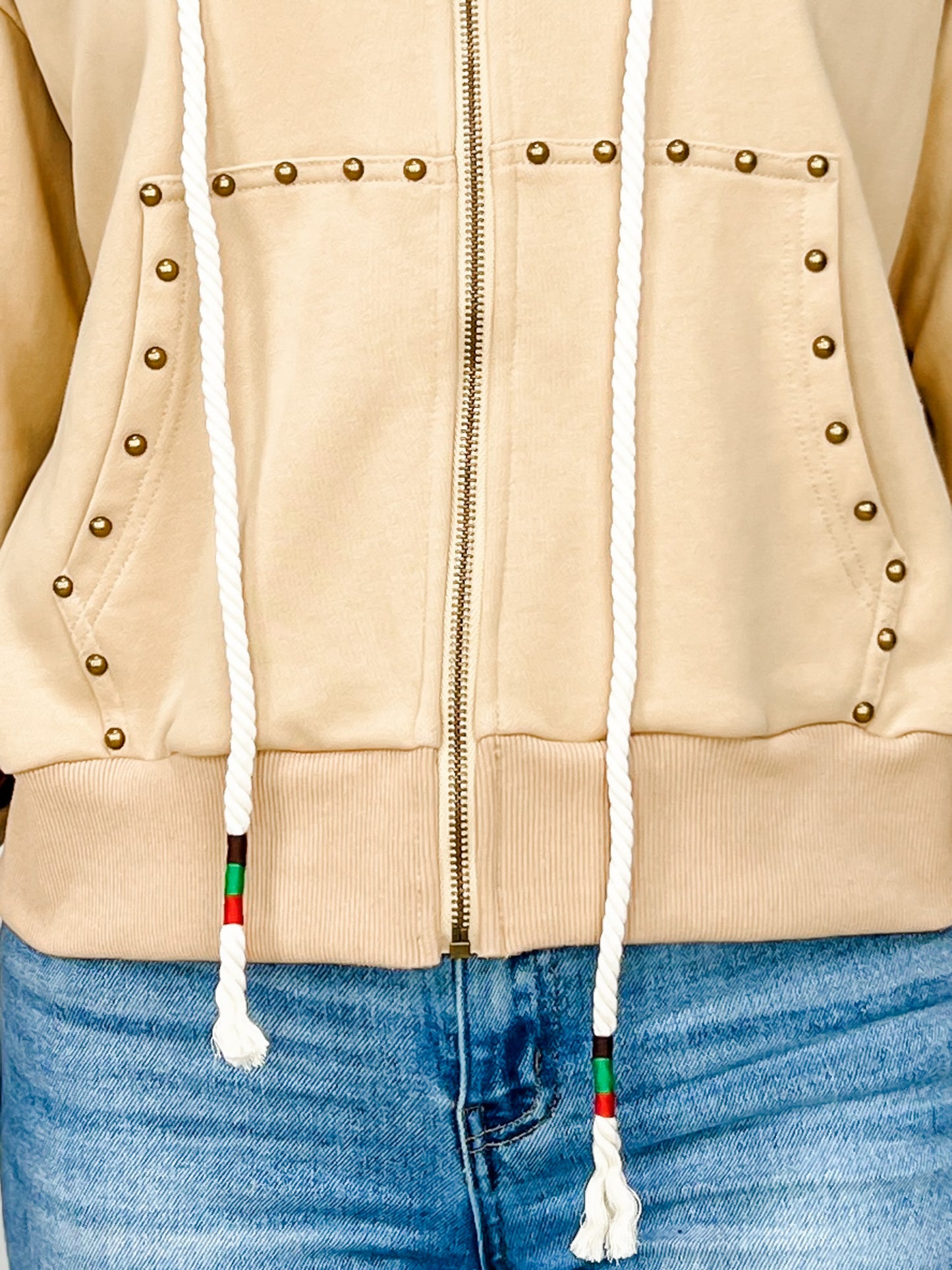 Stud Embellished Long Sleeve French Terry Hooded Jacket