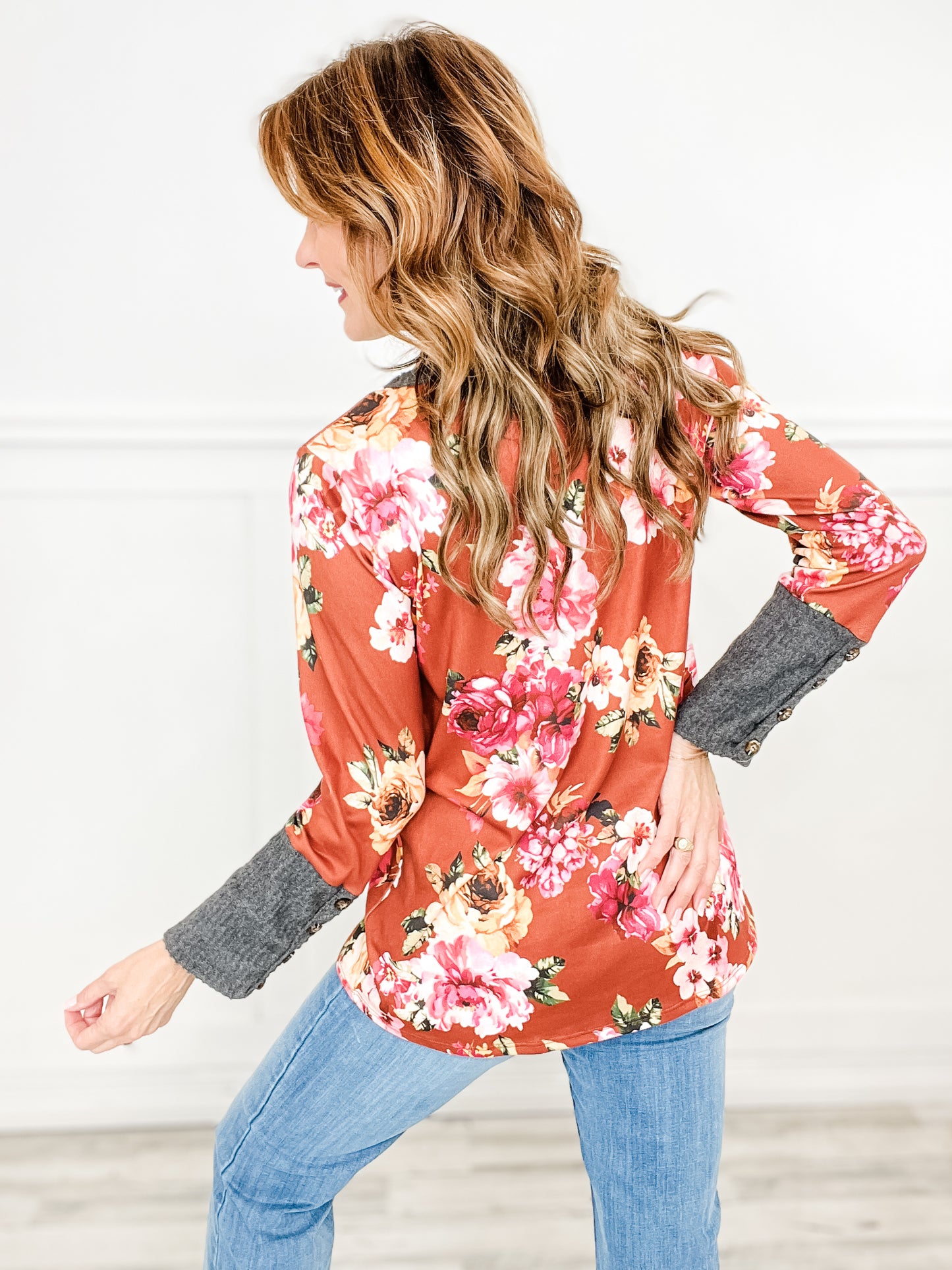 Long Sleeve Multi Color Floral and Waffle Contrast Top