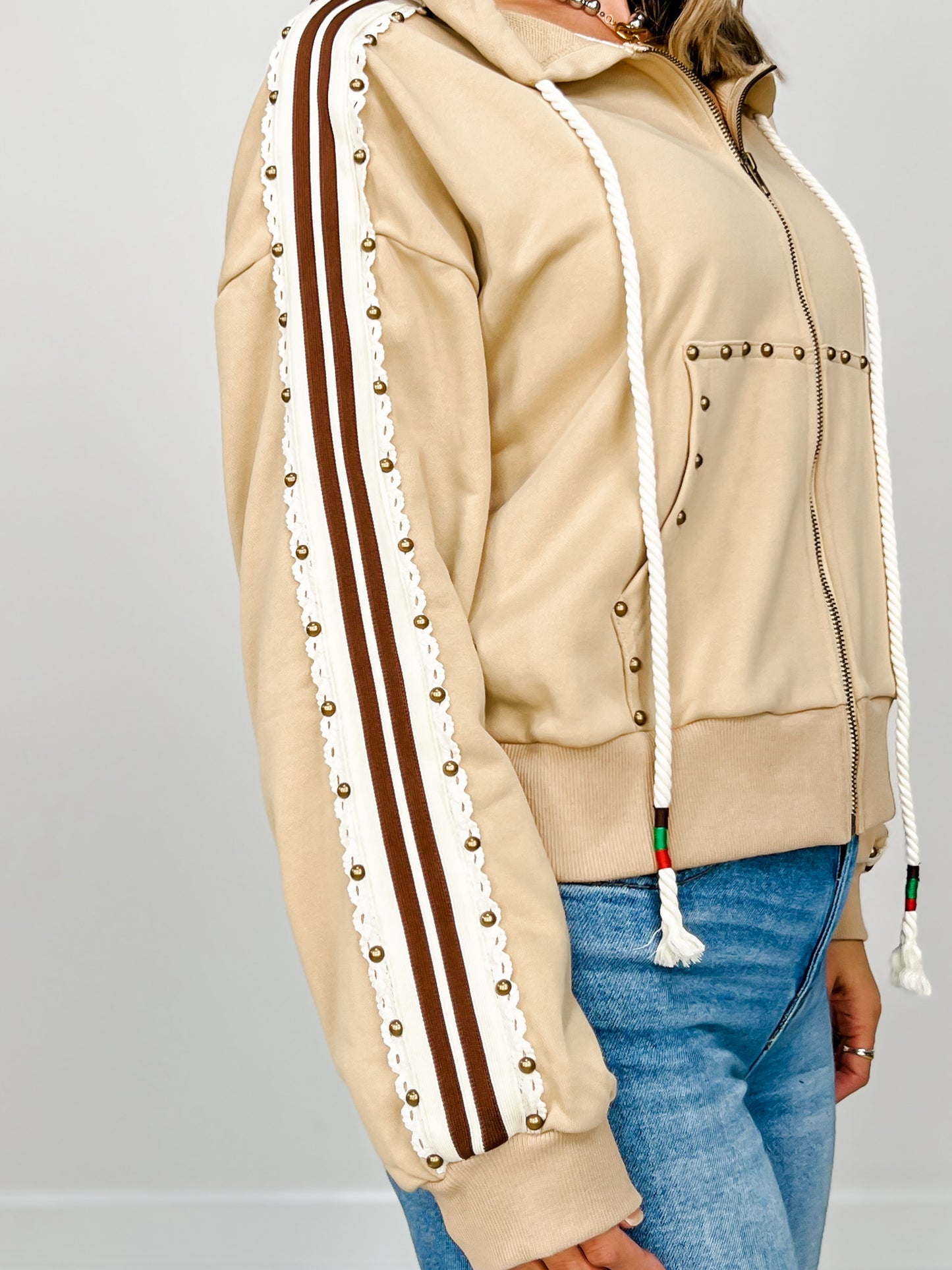 Stud Embellished Long Sleeve French Terry Hooded Jacket