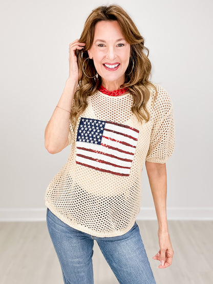 Sequin American Flag Knit Sweater Top
