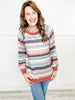 Long Puff Sleeve Round Neck Striped Top with Ribbed Band