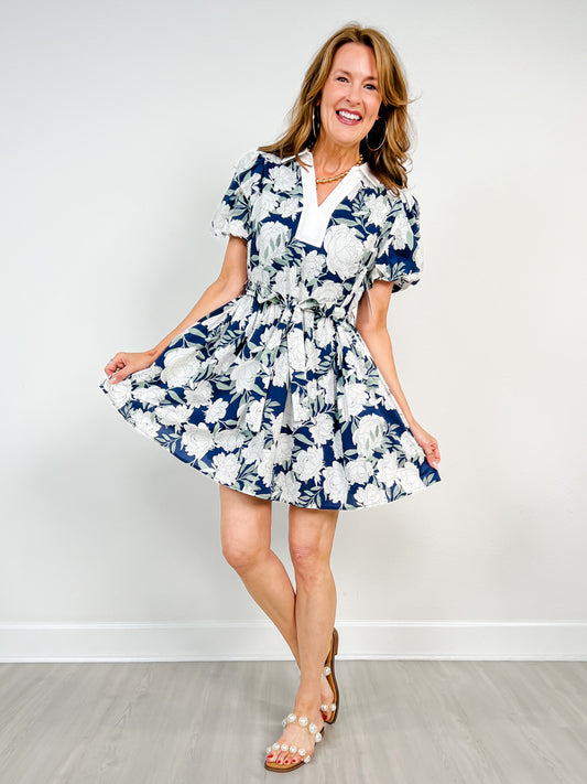 Short Puff Sleeve Mini Floral Dress with Self Tie Waist