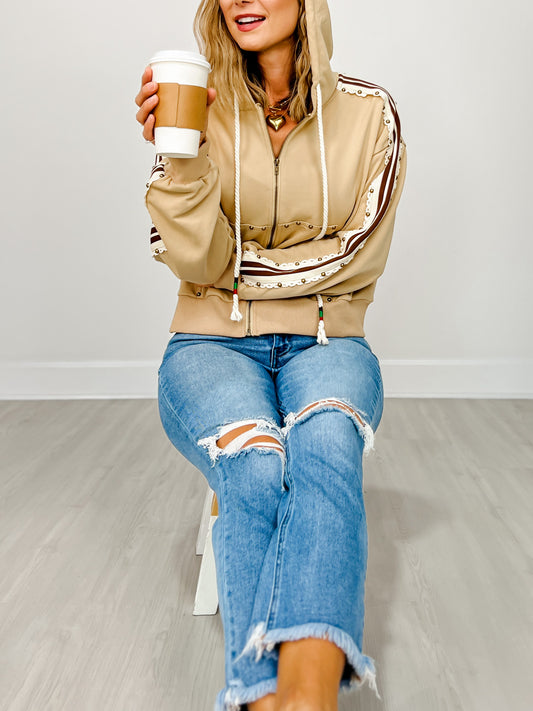 Stud Embellished Long Sleeve French Terry Hooded Jacket