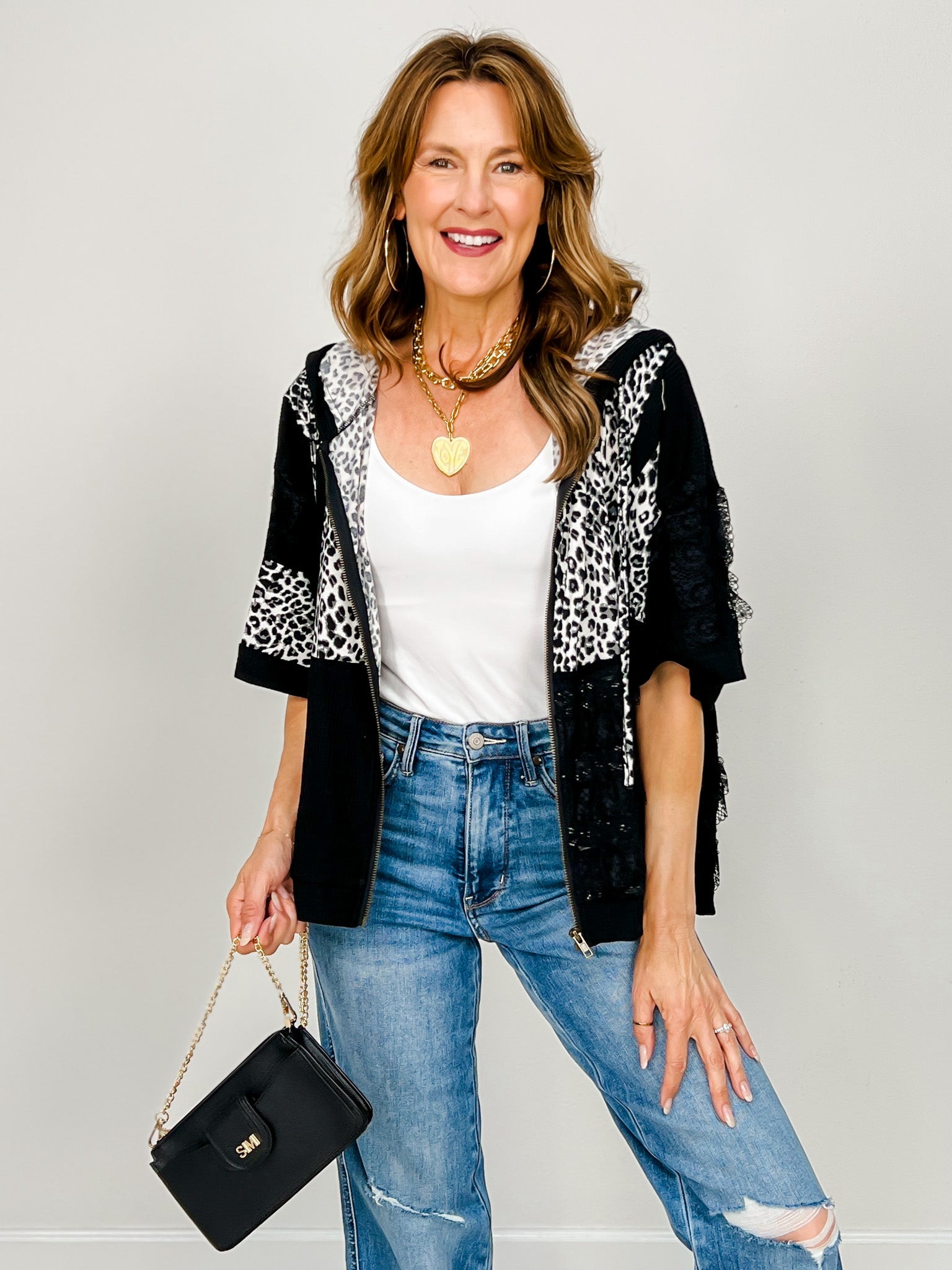 3/4 Sleeve Leopard and Lace Contrast Hoodie Top
