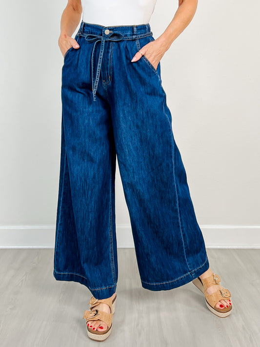 High Waisted Wide Leg Denim Pants Self Tie Belt