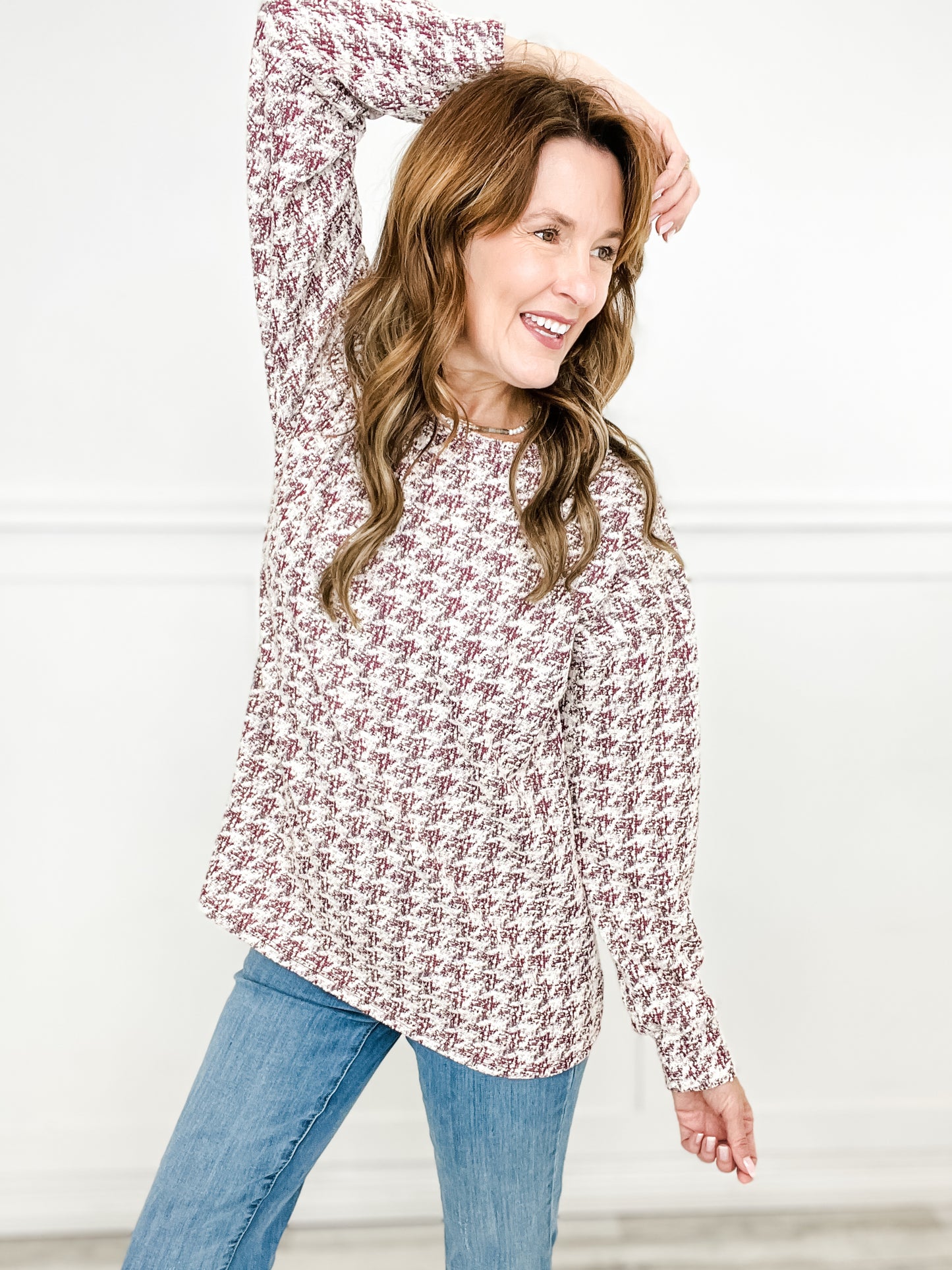 Long Puff Sleeve Houndstooth Tweed Top