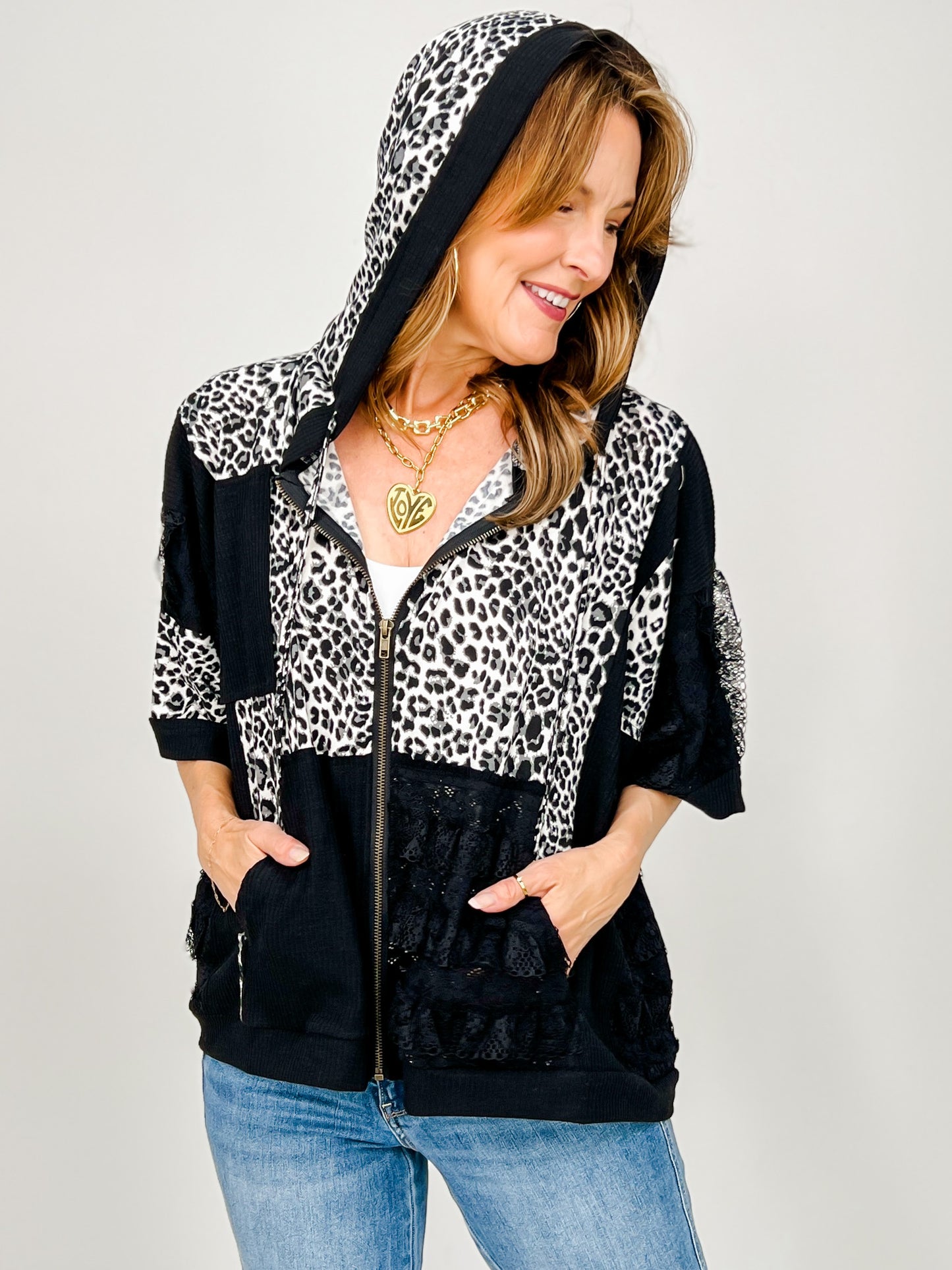 3/4 Sleeve Leopard and Lace Contrast Hoodie Top