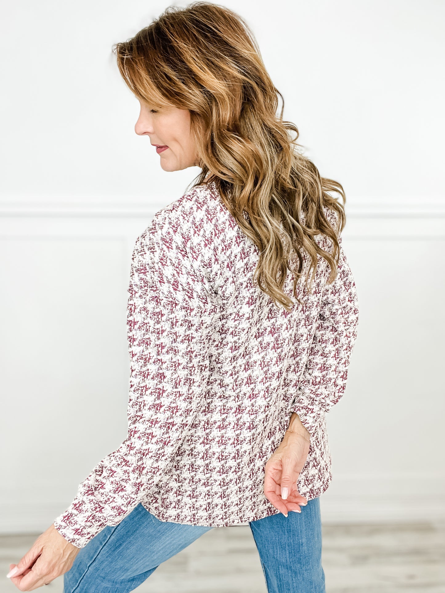 Long Puff Sleeve Houndstooth Tweed Top