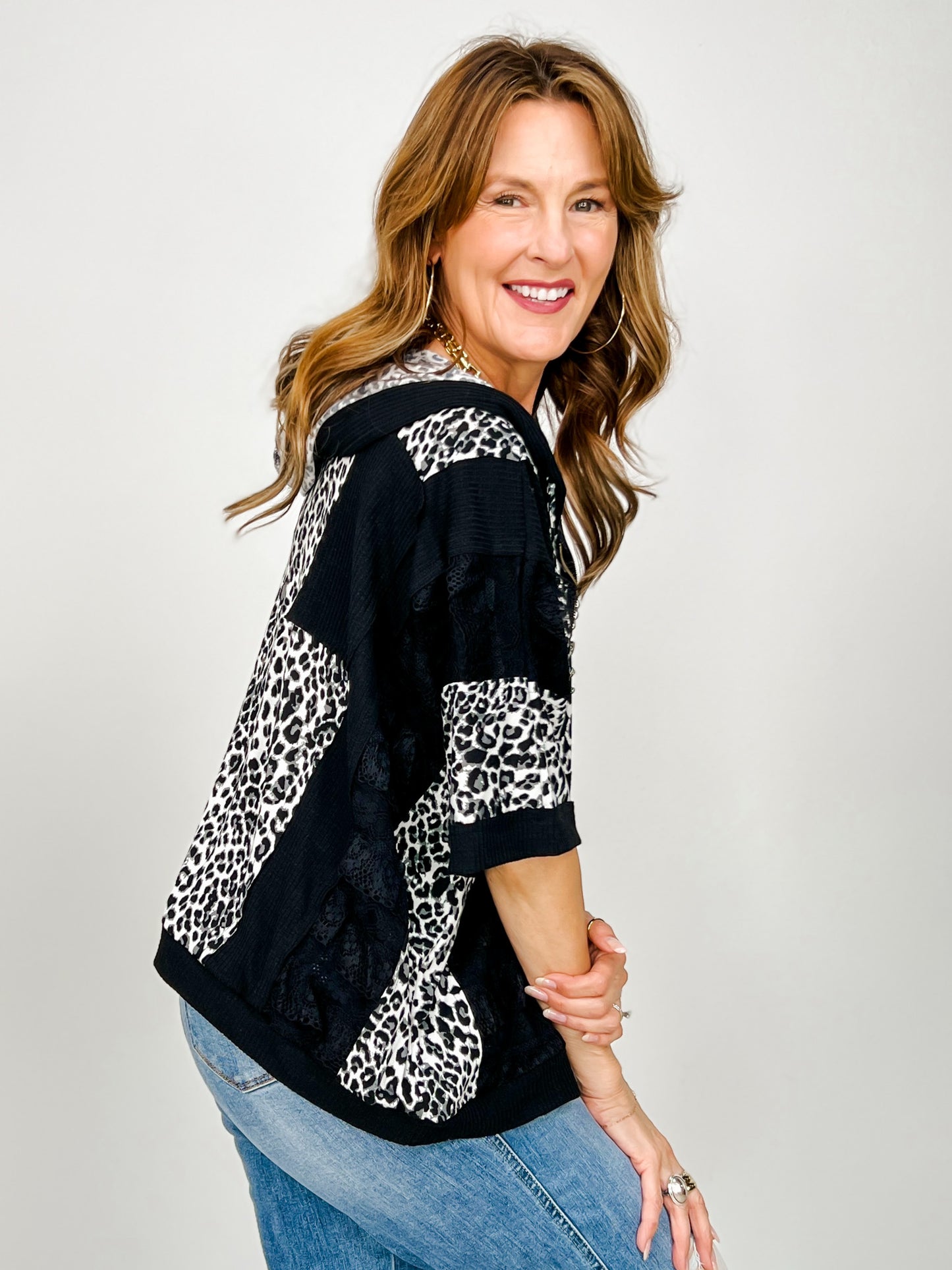 3/4 Sleeve Leopard and Lace Contrast Hoodie Top