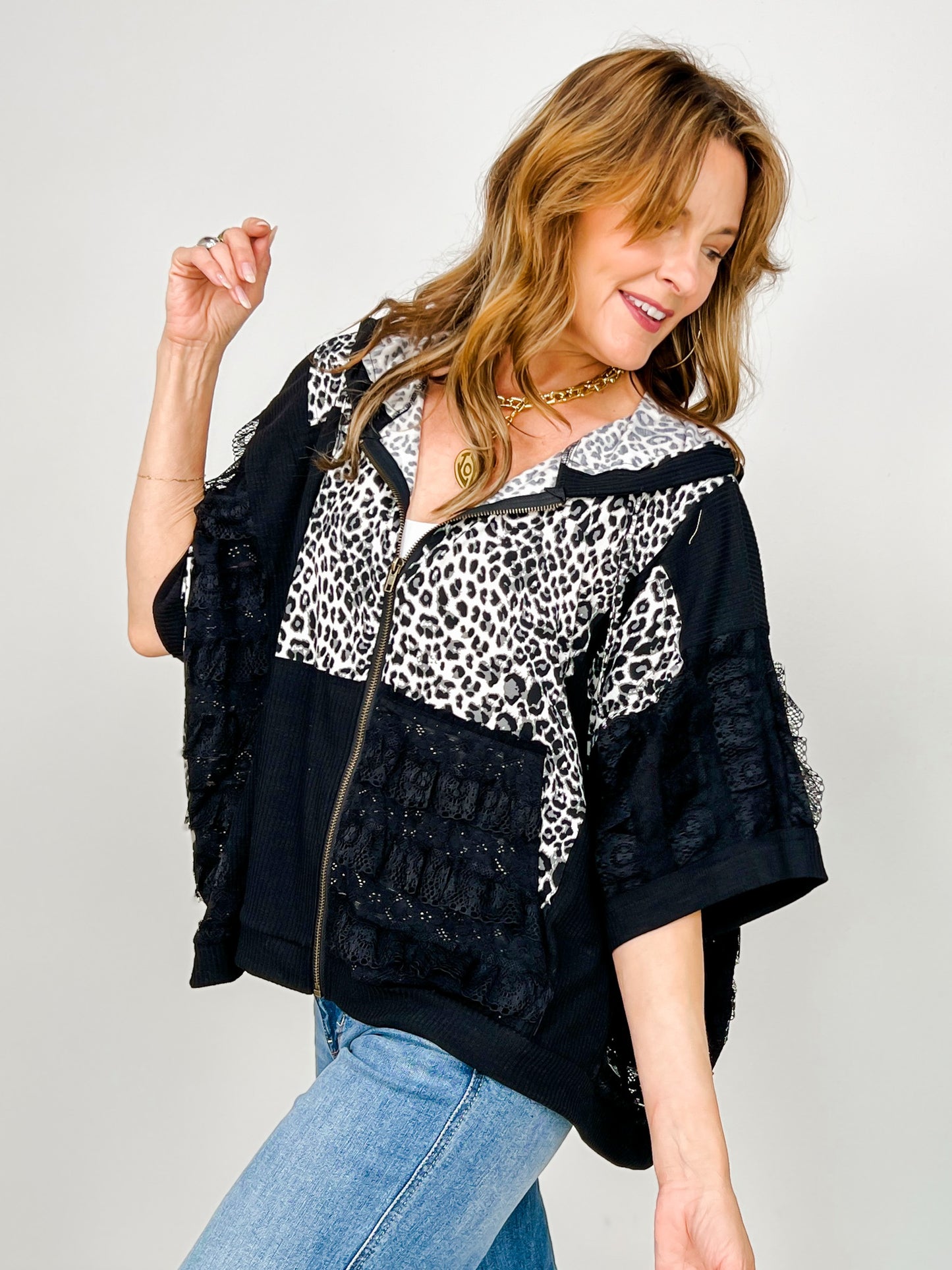 3/4 Sleeve Leopard and Lace Contrast Hoodie Top