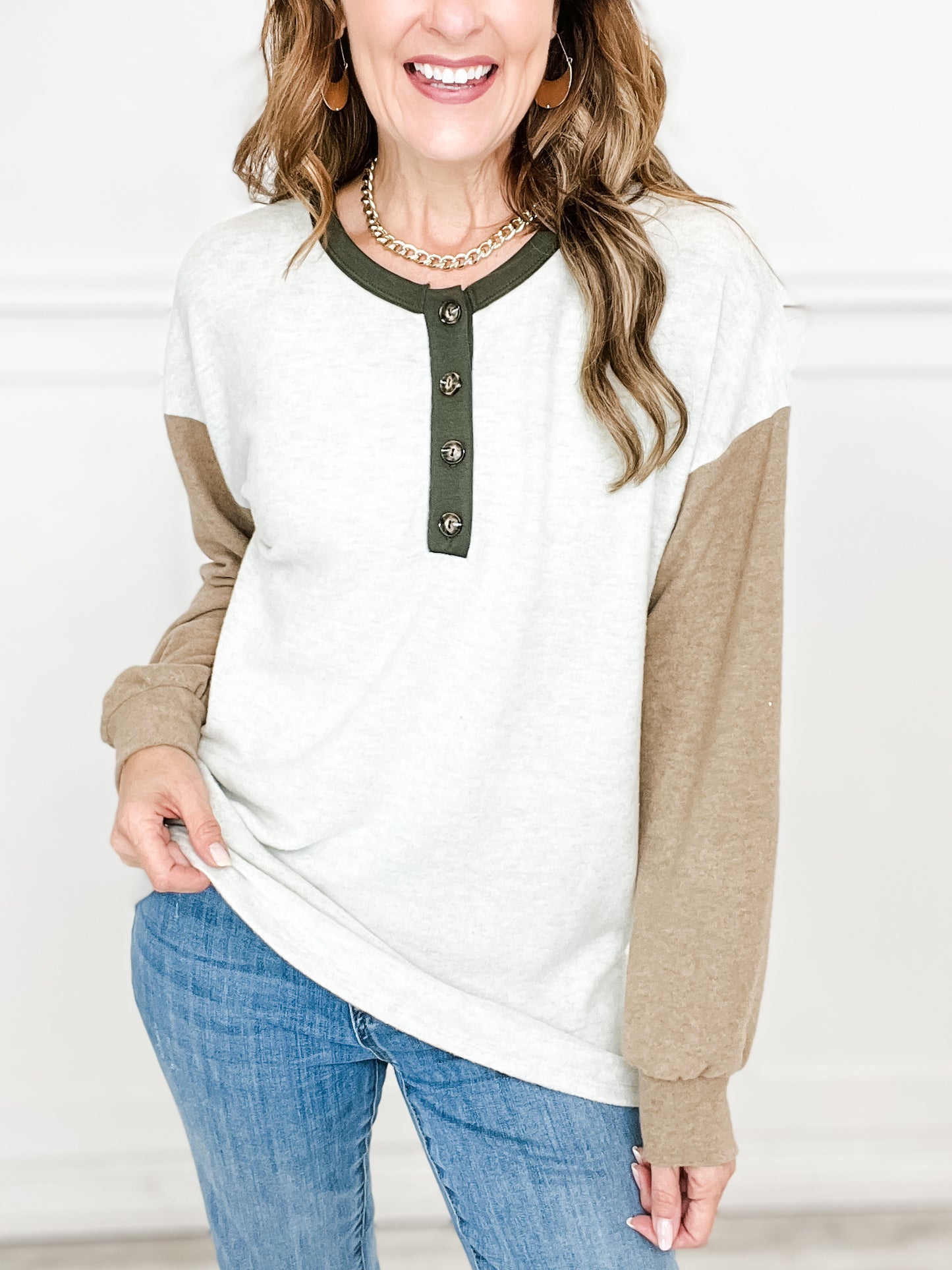 Long Sleeve Solid Color Block Henley Top