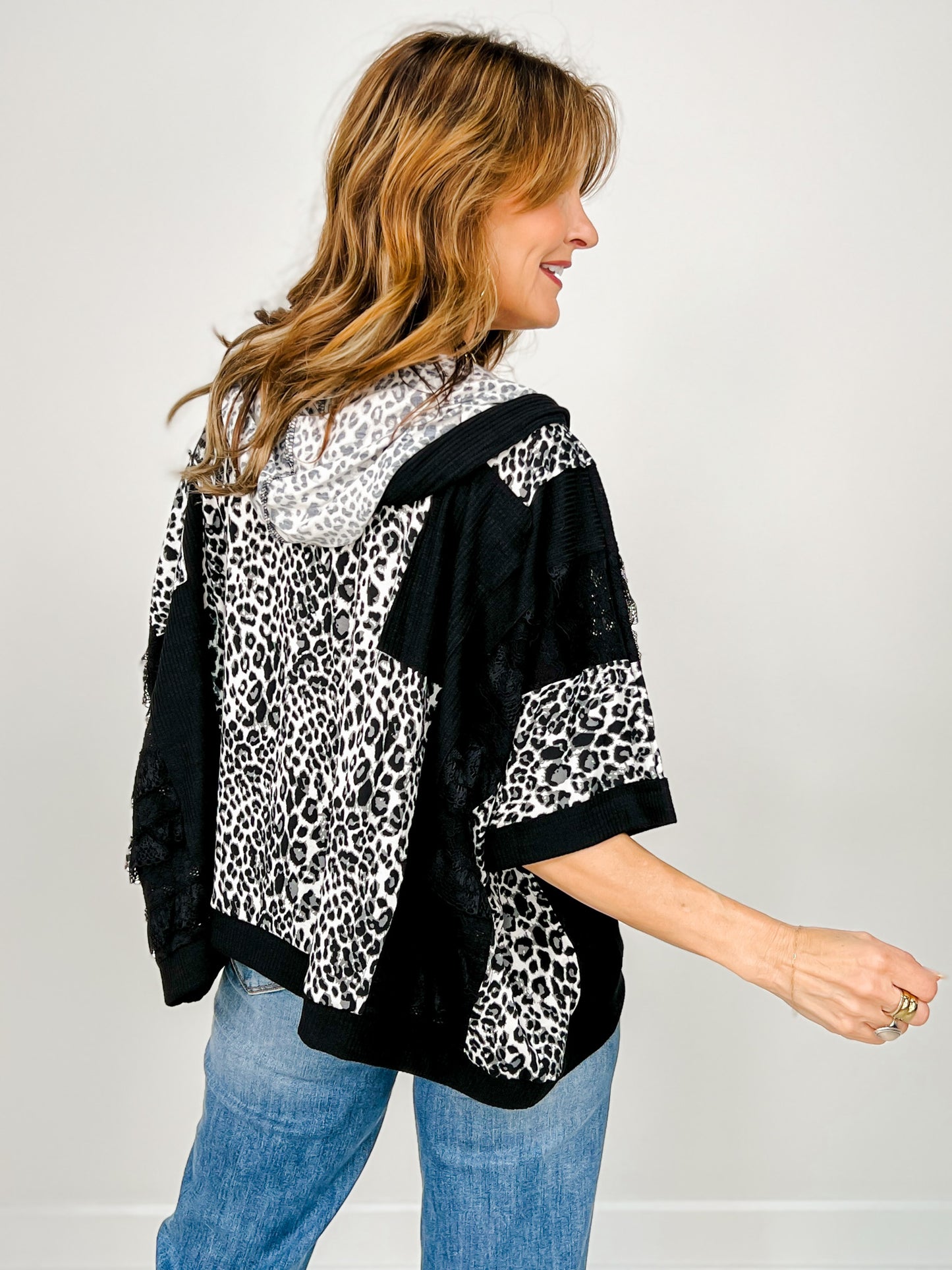3/4 Sleeve Leopard and Lace Contrast Hoodie Top
