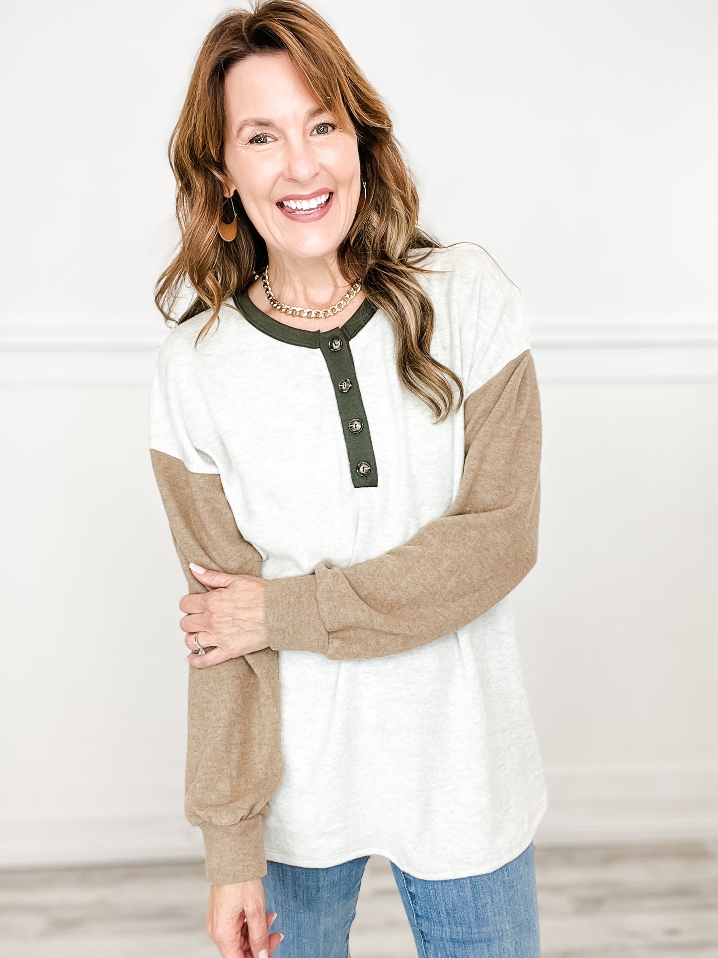 Long Sleeve Solid Color Block Henley Top