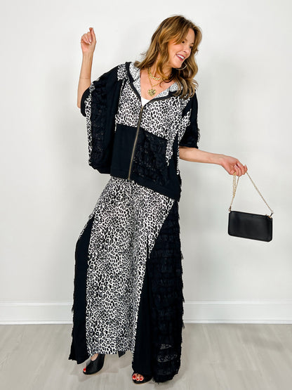 3/4 Sleeve Leopard and Lace Contrast Hoodie Top