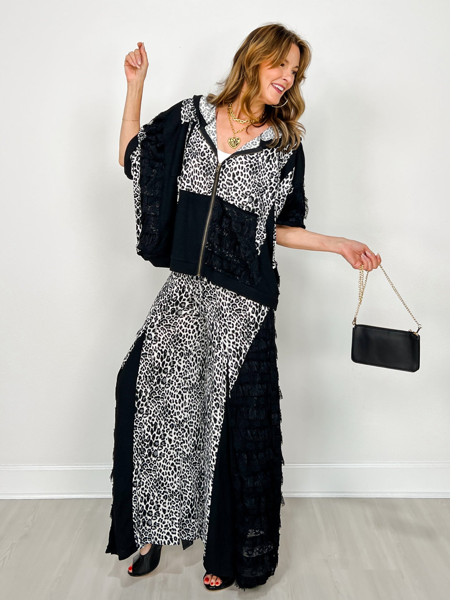 3/4 Sleeve Leopard and Lace Contrast Hoodie Top