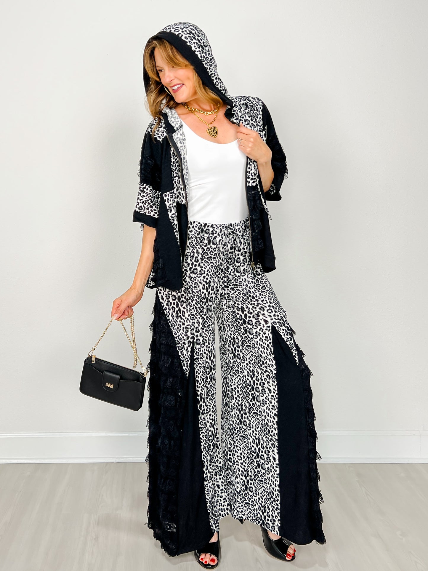 Leopard Print Wide Leg Pants with Lace Inserts