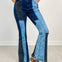 Washed Denim Color Block Flare Jeans