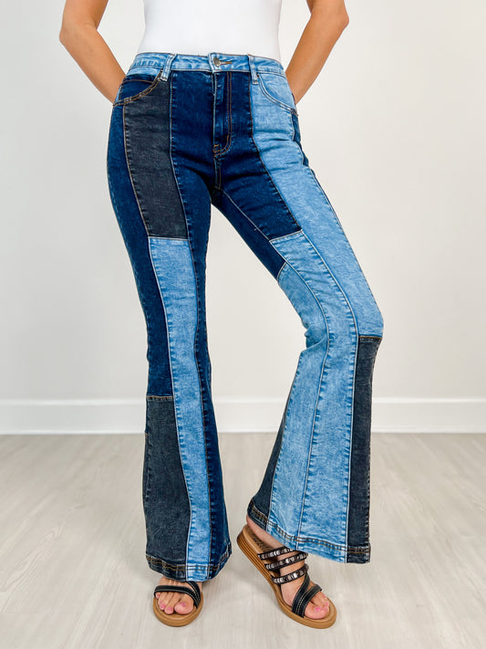 Washed Denim Color Block Flare Jeans