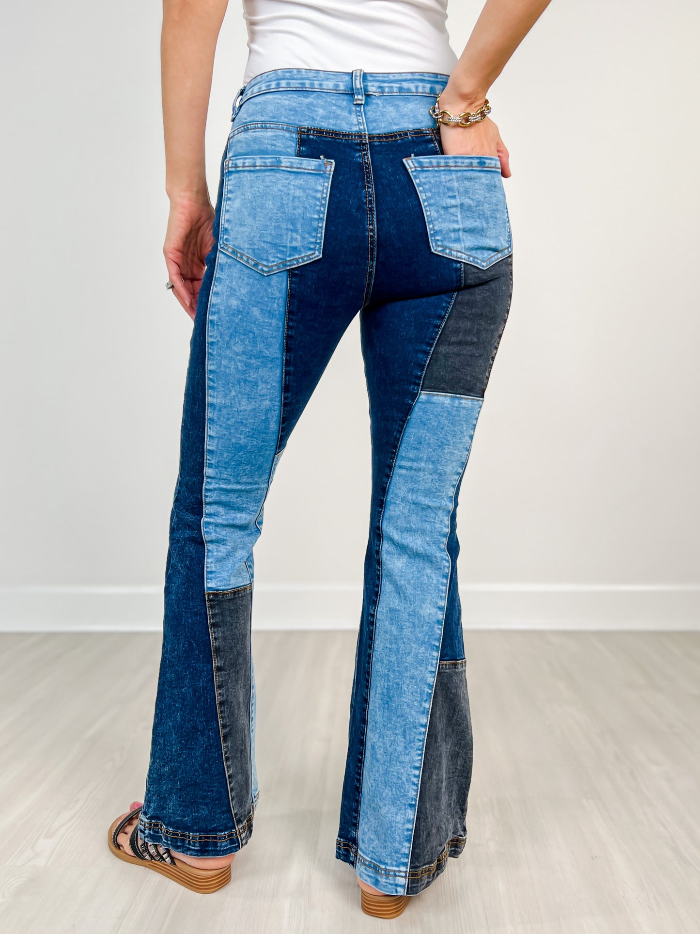 Washed Denim Color Block Flare Jeans