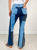 Washed Denim Color Block Flare Jeans