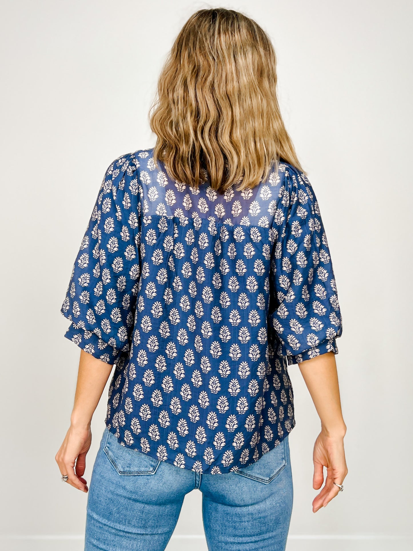3/4 Sleeve Floral Print V-Split Neckline Top