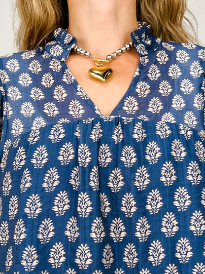 3/4 Sleeve Floral Print V-Split Neckline Top