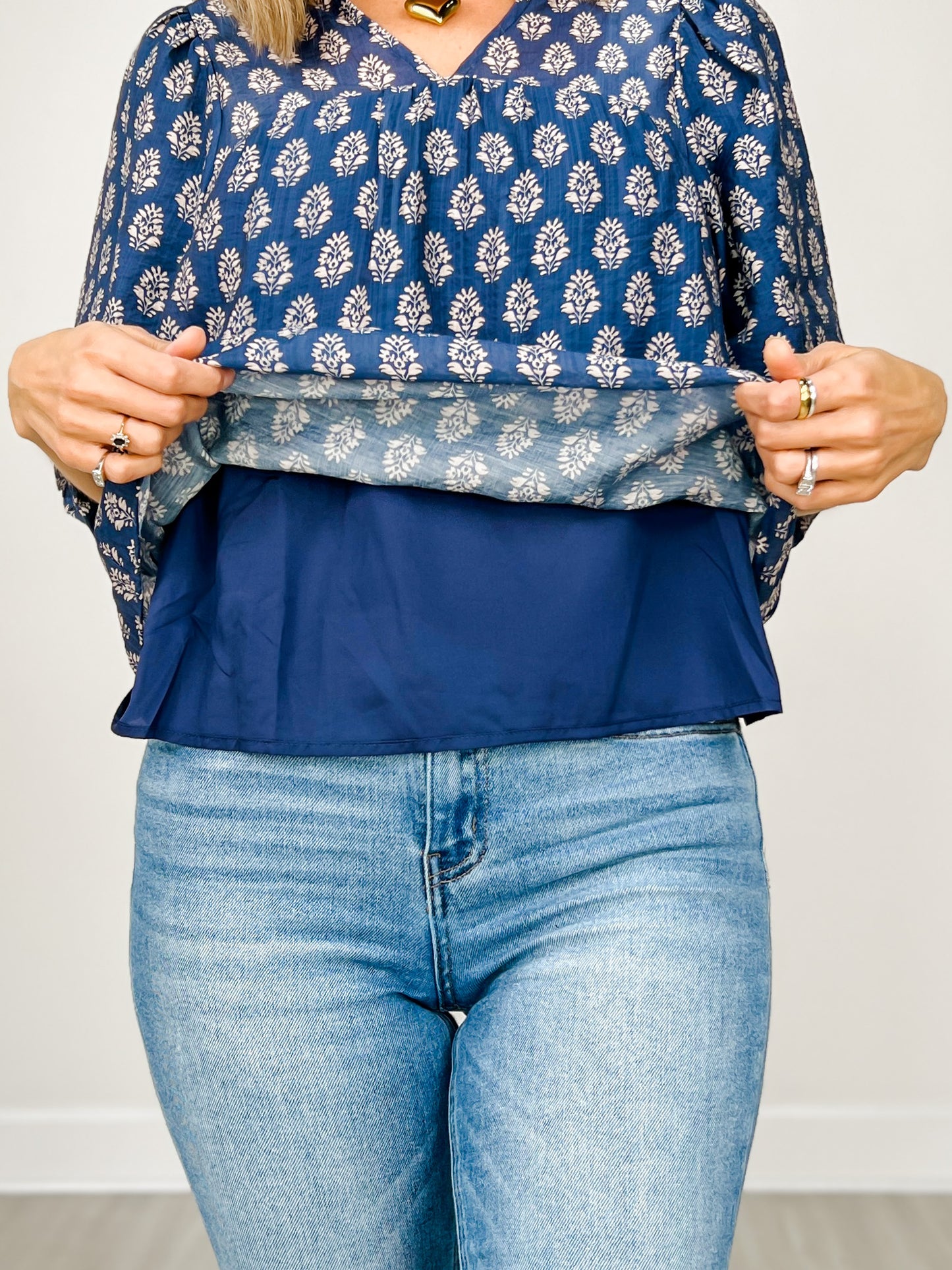 3/4 Sleeve Floral Print V-Split Neckline Top