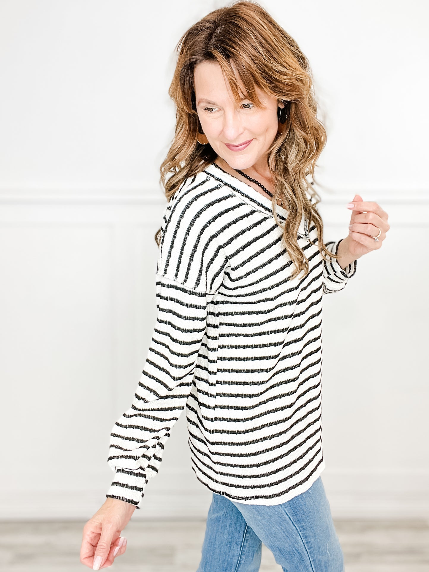 Puff Sleeve Striped V-Neck Top