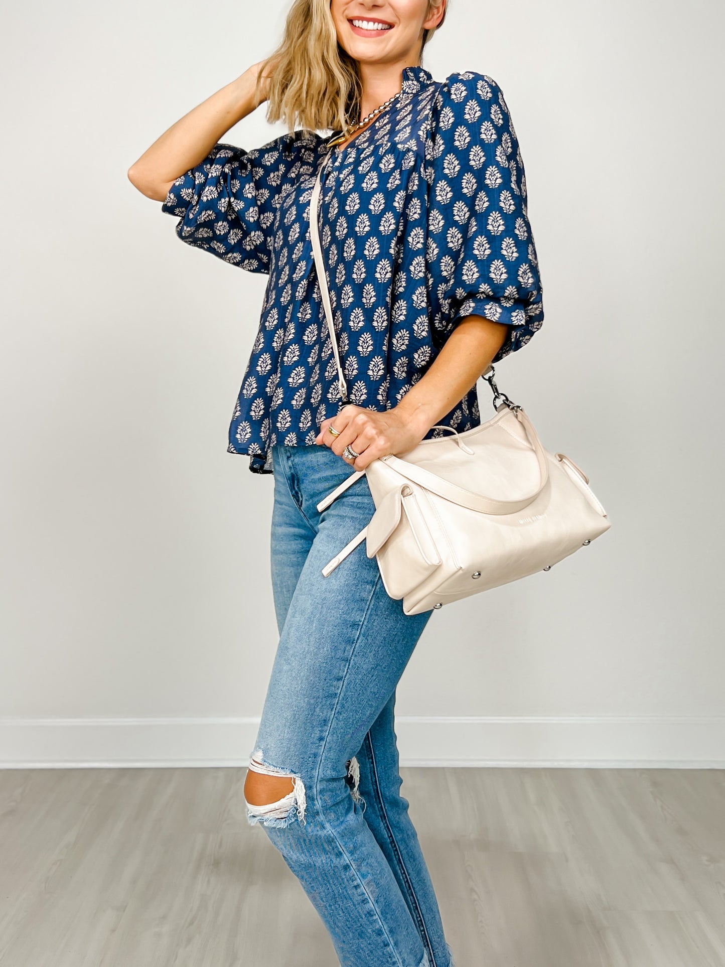 3/4 Sleeve Floral Print V-Split Neckline Top