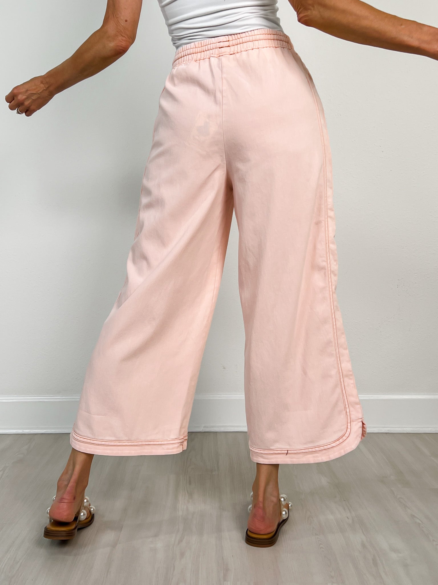 Wide Leg Mineral Wash Smocked Waistband Bottoms
