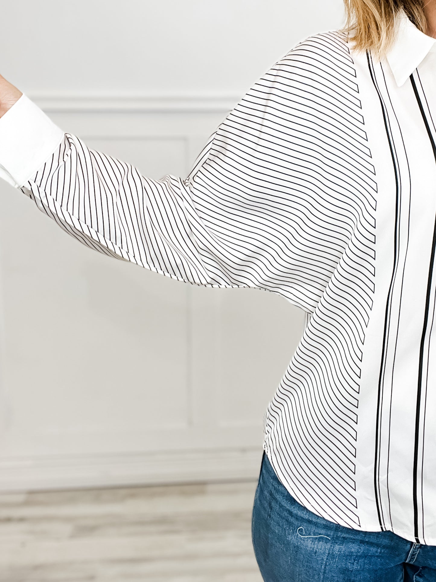 Asymmetrical Long Sleeve Striped Button Down Collared Top