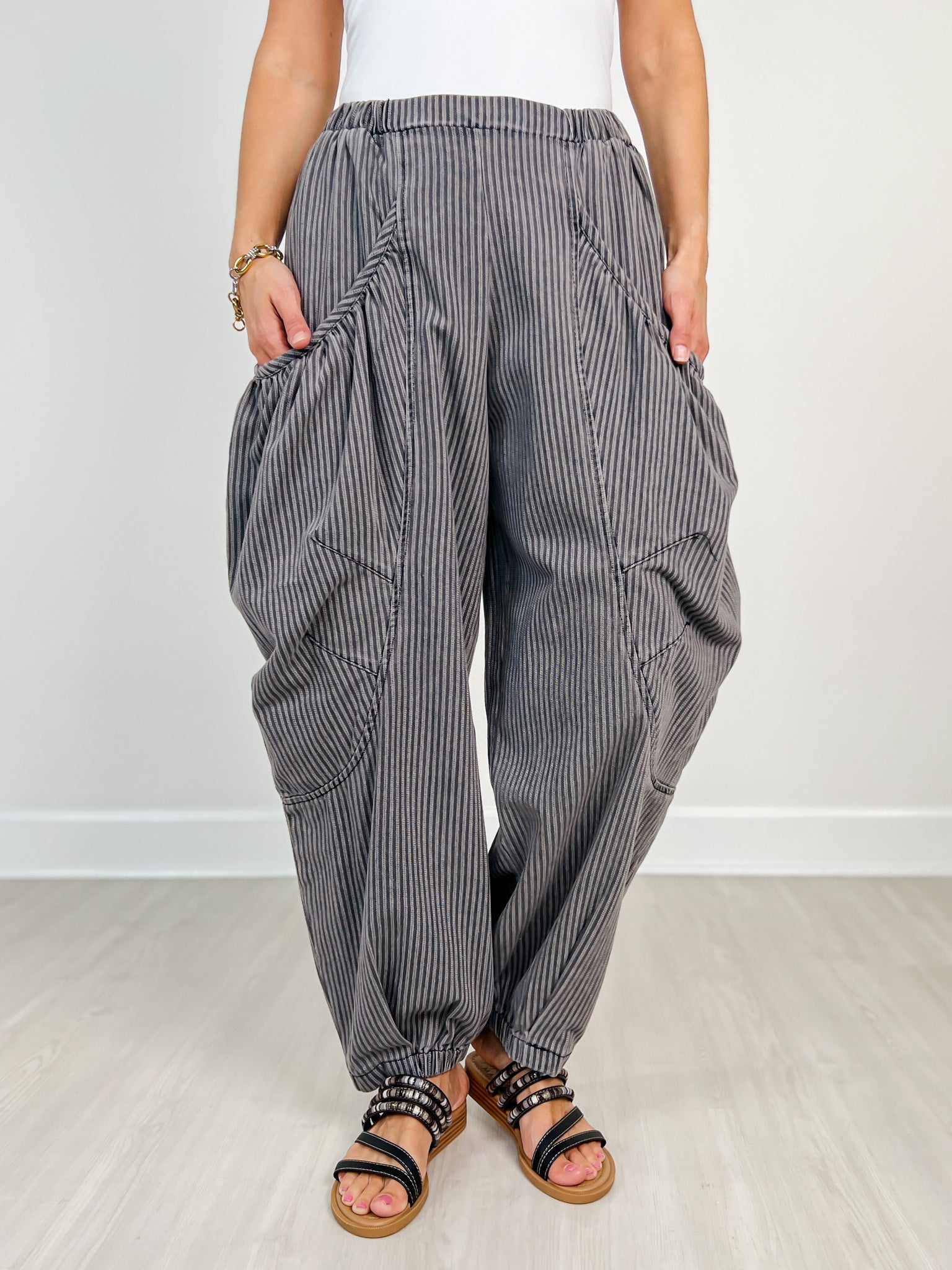 Striped Denim Draped Barrel Jogger Pants