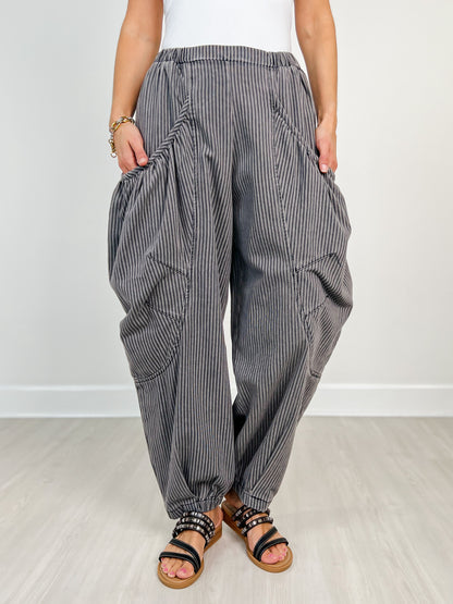 Striped Denim Draped Barrel Jogger Pants