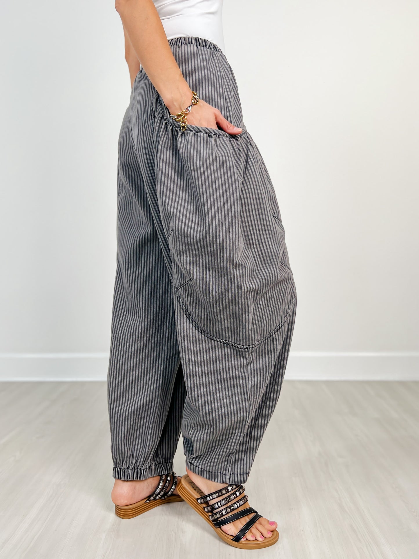 Striped Denim Draped Barrel Jogger Pants